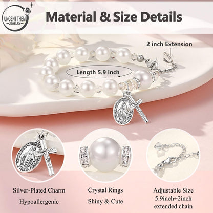 UNGENT THEM Rosary Cross Pearl Bracelet Baptism Communion Catholic Confirmation Easter Gifts for Girls Granddaughter Daughter Niece
