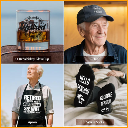 15 Pcs 2026 Retirement Gifts for Men Whiskey Glass Set, The Legend Has Retired, Funny Retired Supplies with 11 Oz Whisky Glass Coaster Stones Apron Baseball Cap Socks for Dad, Coworker, Boss, Grandpa