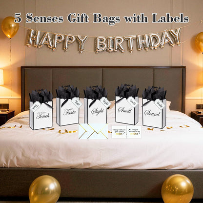 Nimbbex 5 Senses Gift Bags for Him Her with Labels & Ribbon, Five Senses Gift Bags with Handle, Envelopes and Cards for Birthday, Anniversary, Mother's Day, Valentine's Day 9 x 7 x 3.2 Inches (White)