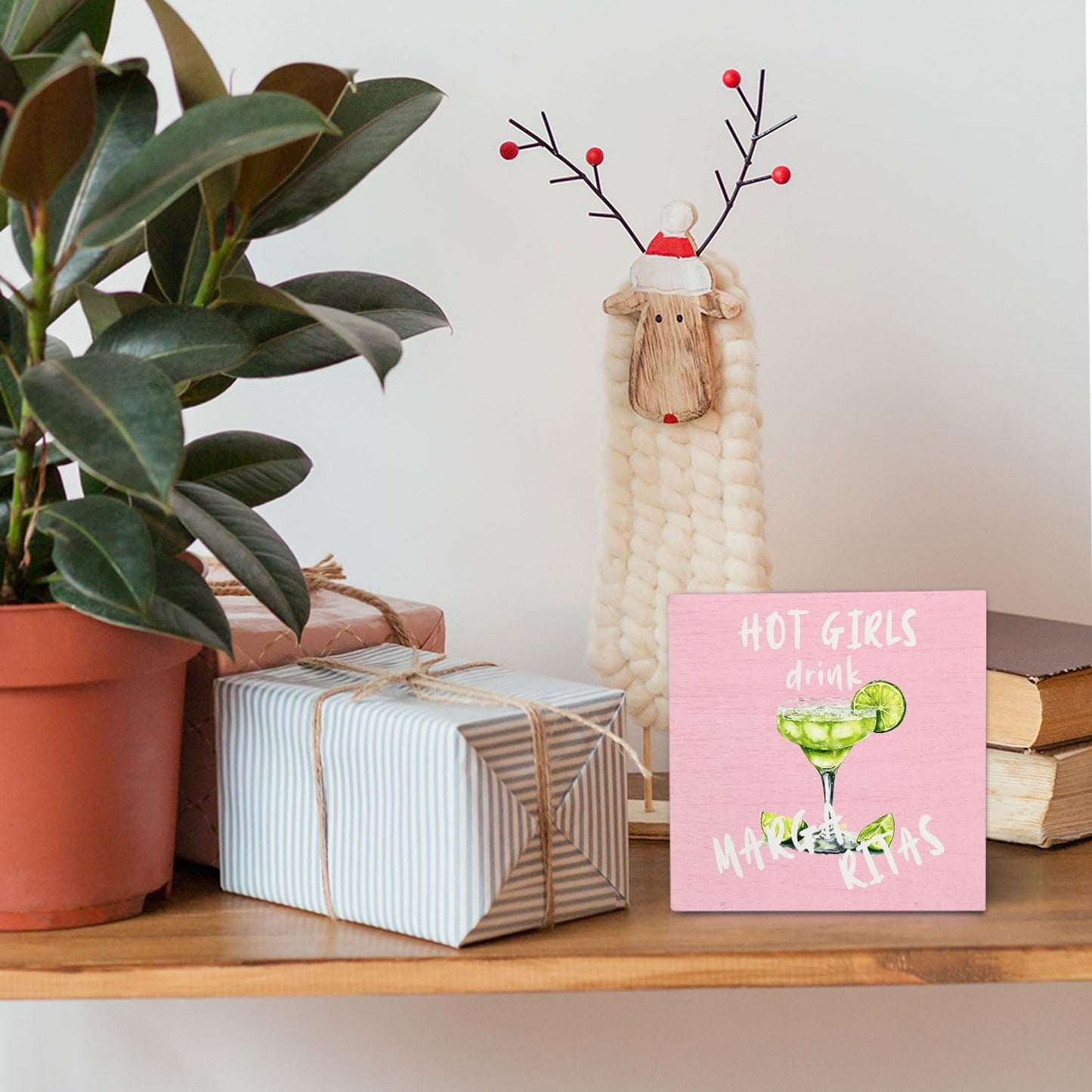 Pink Margarita Gift Wooden Signs,Margarita Lover Gifts Wooden Box Sign,Cocktail Bar Decor For Home Desk Tabletop Shelf Decoration,Gifts For Girls5x5 Inches