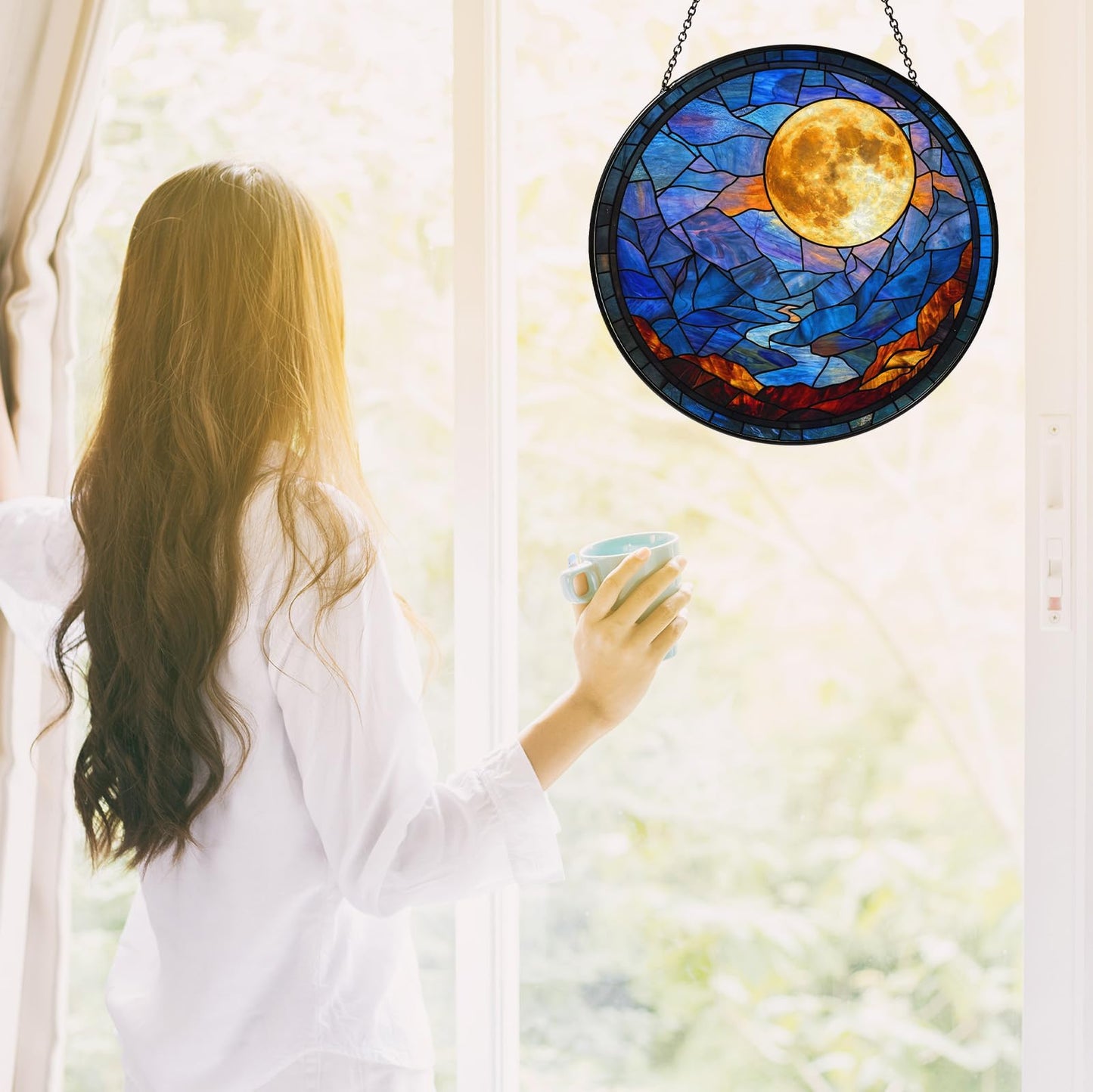 Full Moon Stained Glass Suncatcher, Celestial Window Hanging Decor with Lunar Crater Details, 7.87 Inch Sun Catchers Indoor Window, Mystical Night Sky Gift for Moon Lovers, Women, Men