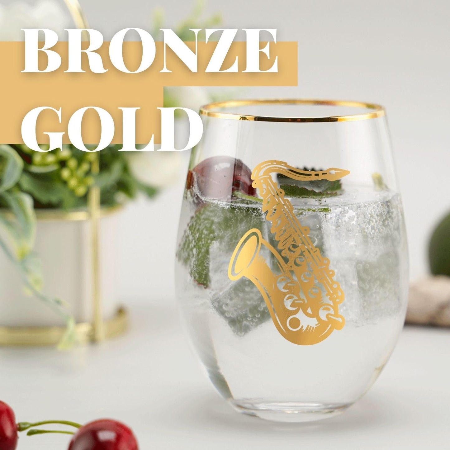 Onebttl Saxophone Gifts, Jazz Gifts for Jazz Lovers, 17 oz Stemless Wine Glass with Foil Stamping Pattern