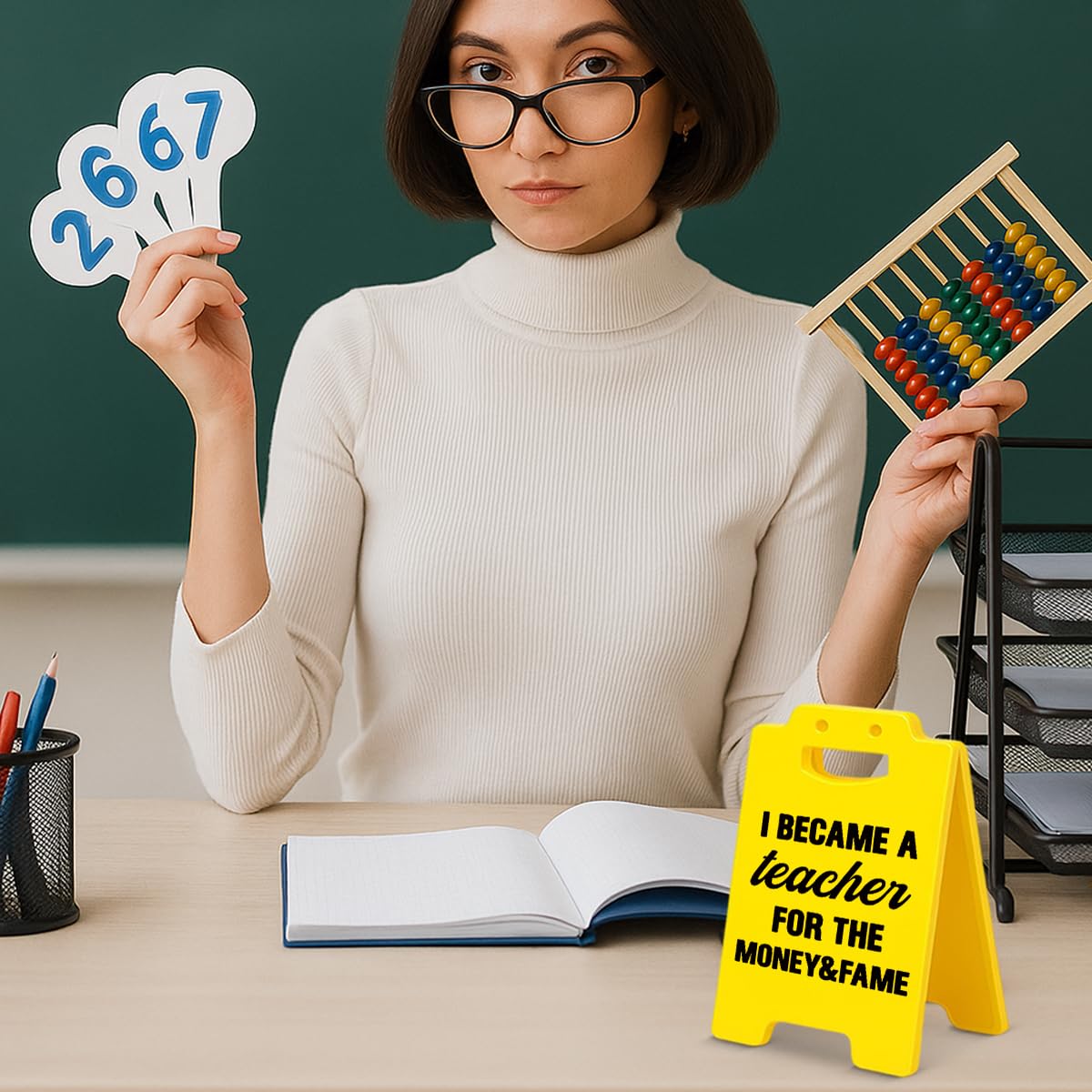 Funny Teacher Office Desk Decor Sign - Humor Gag Gifts for Teachers - I Became a Teacher for the Money & Fame Sign Home Office Decor