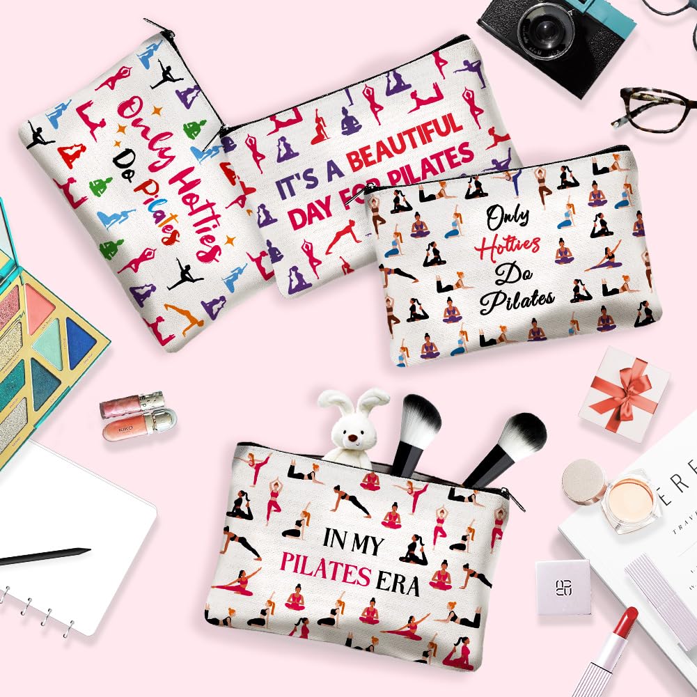4Pcs Canvas Pilates Teacher Appreciation Gifts Makeup Bag - 9.06" x 5.9" Only Hotties Do Pilates Cosmetic Bags Travel Organizer Portable Accessories with Zipper, Purse Organizer Pouches