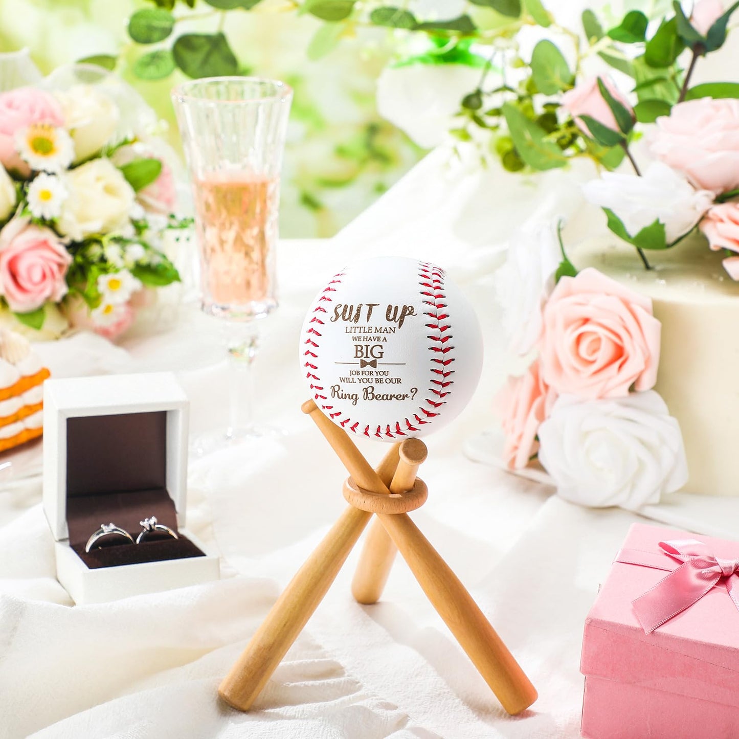 Seenelling Ring Bearer Proposal Gifts Will You Be Our Ring Bearer Baseball Gift with Display Wooden Stand Holder Wedding Request Baseball Present for Wedding Day Party Favor