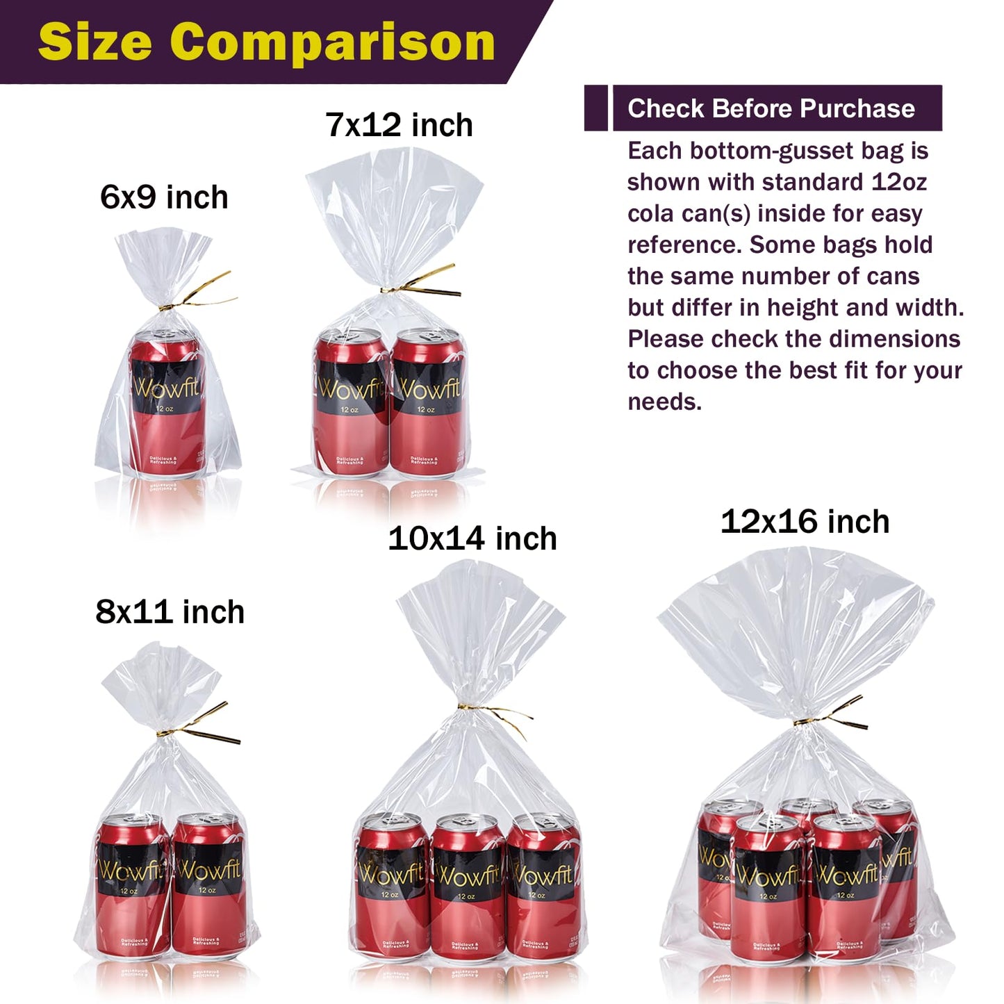 Wowfit 50 CT 10x14 inches Clear Bottom Gusset Cellophane Gift Bags with 6" Gold Twist Ties, Cello Packaging for Party Favors, Bridal Showers, and Wedding Gift Wrapping