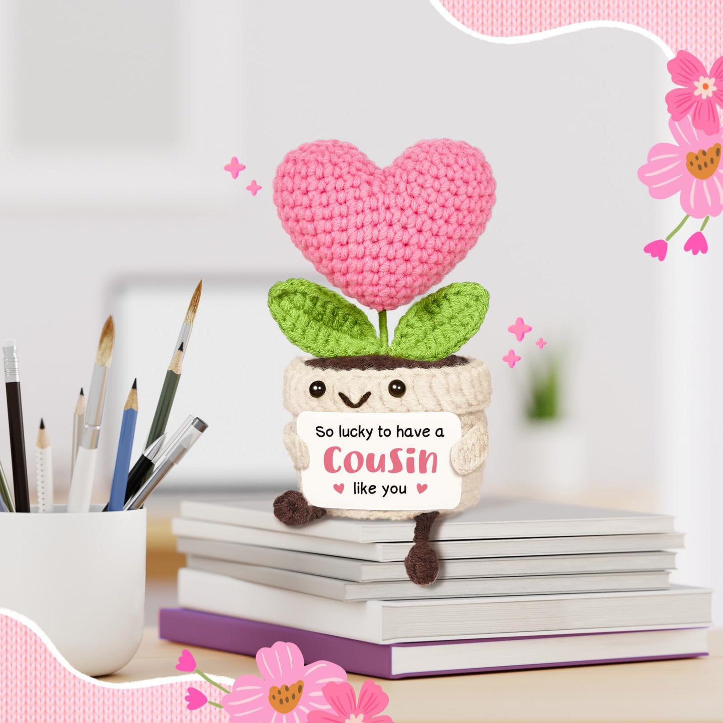 Cousin Gifts for Women, Birthday Gifts Ideas for Cousins, Cute Handmade Crochet Mini Pink Heart Flower