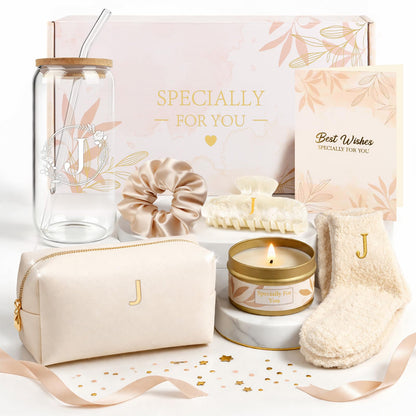 J Personalized Gifts for Women - Initial Cute Hair Clips + Glass Cups w/Lids Straws, Makeup Bag Monogrammed Gifts for Women，Unique Ideas Birthday Gift for Her, Christmas & Bridesmaid Gifts