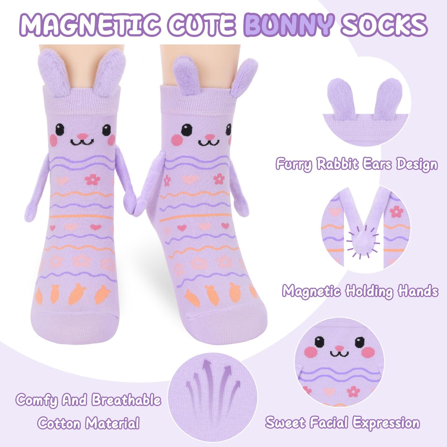FreeNFond Easter Bunny Socks with Magnetic Holding Hands, Crazy Socks for Kids Women, Funny Gifts for Easter Basket Stuffers