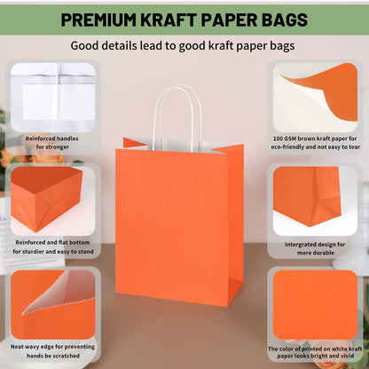 Mlyta 100 Pack 8x4.75x10 Inch Medium Orange Kraft Paper Gift Bags with Handles Bulk for Goodie, Party Favor, Brithday Grocery Shopping, Small Business Wedding Retail Craft Treat, Merchandise Sacks