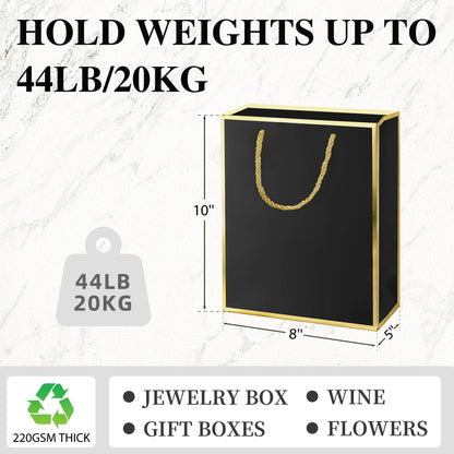 GEGIBOA Gift Bags 3 Pcs Medium Size Paper Gift Bags with Tissue Paper and Handles,Bow Ribbon and Greeting Cards, 8" x 5" x 10", Black