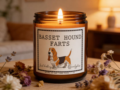 Smells Like Basset Hound Farts Candle - Basset Hound Gifts & Decor, Dog Mom Gifts for Women - Lavender & Eucalyptus Soy Wax Scented Candle, 50Hr Burn