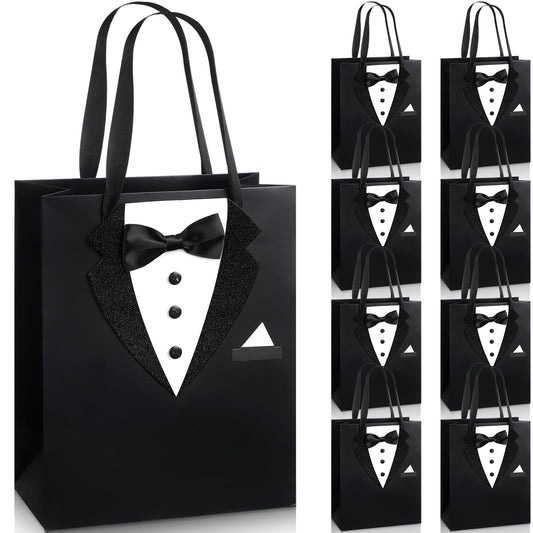Chuangdi 8 Pcs Groomsmen Gift Bags with 3D Tuxedo Design 8 x 4.5 x 10 Inch with Handle Groomsmen Paper Gift Bags for Wedding Bachelor Birthday Party Favor Anniversary Supplies (Black)