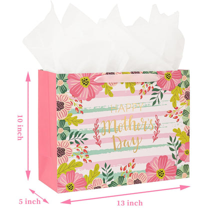 CAMKUZON Large Mother's Day Gift Bag with Card and Tissue Paper for Mom Grandma Nana Sisters - Gold Foil Happy Mother's Day & Pink Floral Design, 13" X 10" X 5"