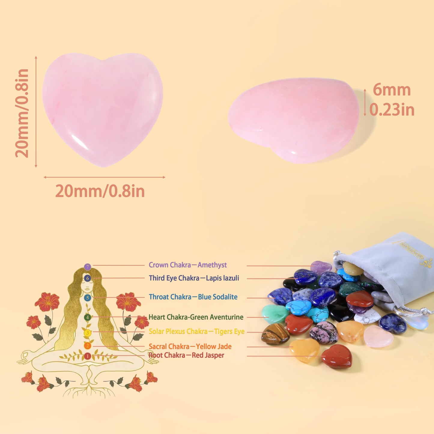 20 PCS Rose Quartz Heart Crystals Natural Crystal Polished Healing Cute Mini Pocket Stones Palm Thumb Love Gemstones Set Bulk Wholesale Reiki Energy Balancing Meditation Pink Heart Gifts for Mother Anniversary Gifts for Women