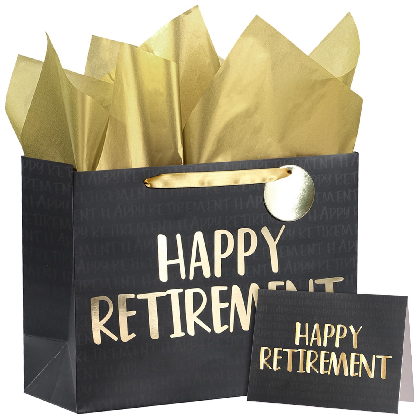WRAPAHOLIC 13" Large Retirement Gift Bag with Card and Tissue Paper - Black Gold Happy Retirement Lettering
