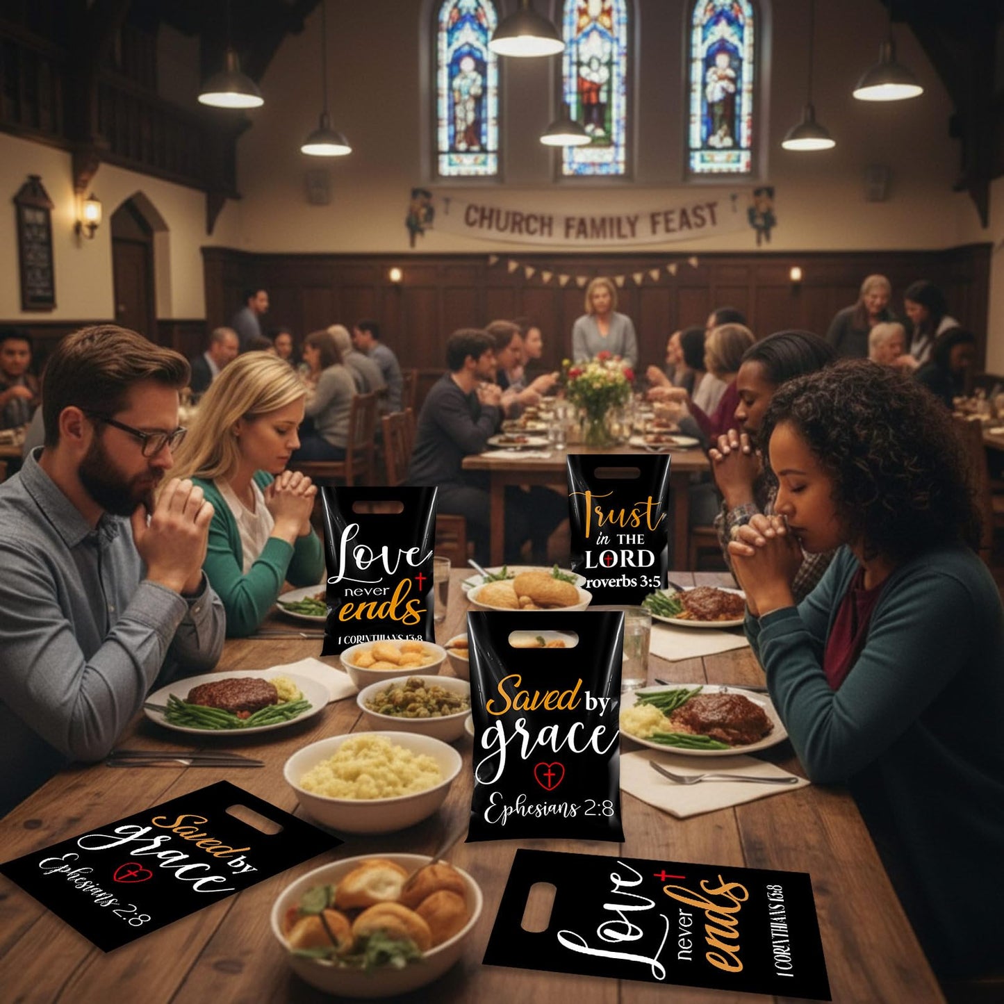 Pasimy 100 Pcs Christian Gift Bags Bulk 6.7 x 9.8 In Plastic Bible Verse Religious Goodie Bags Inspirational Scripture Treat Candy Party Favor Pouch for Church Jesus Birthday Gifts(Black,Elegant)