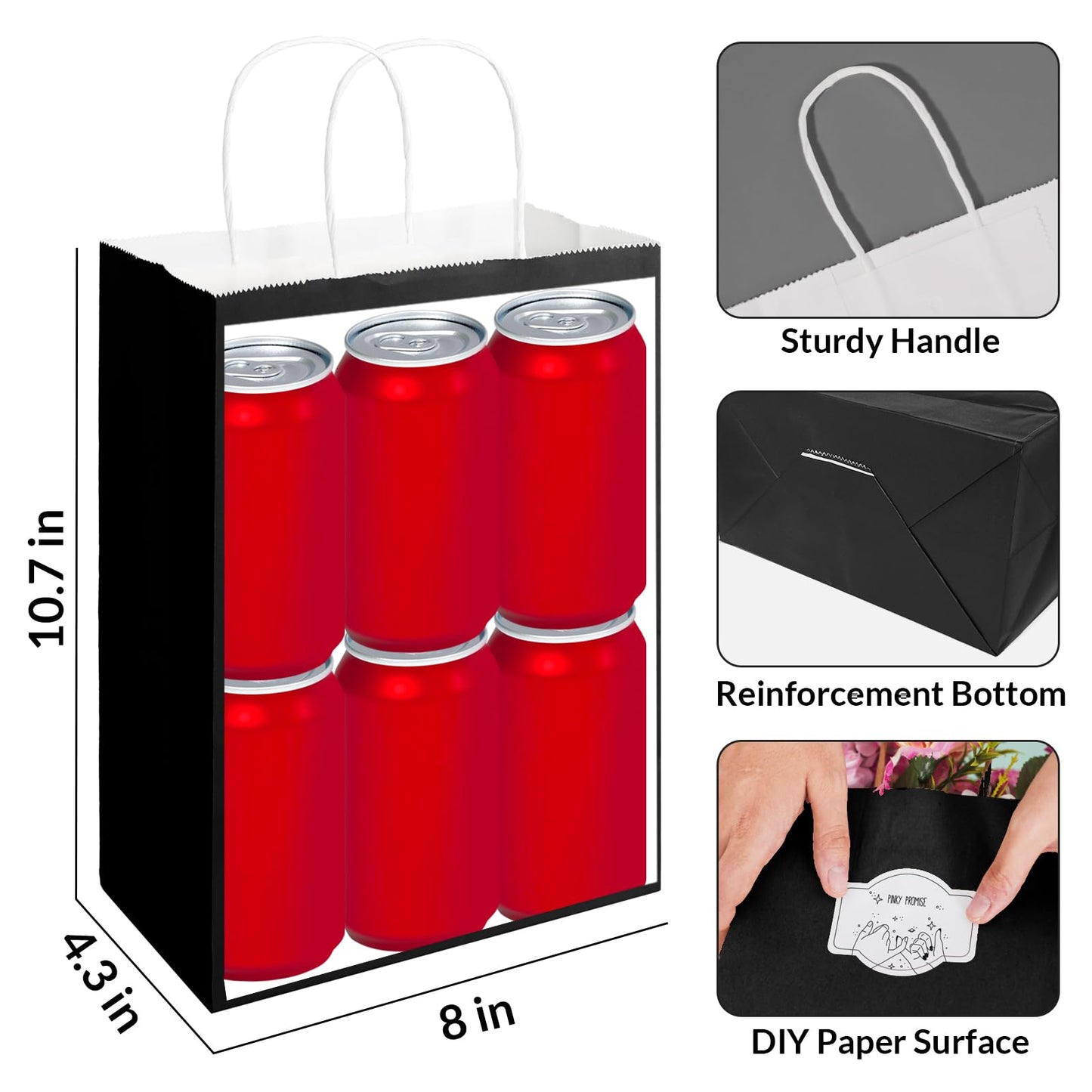 SUNEE Gift Bags with Handles 8x4.3x10.7, 100 Pcs Paper Bags Medium Size Bulk for Gift Wrapping, Retail, Party Favors and Small Business - Black