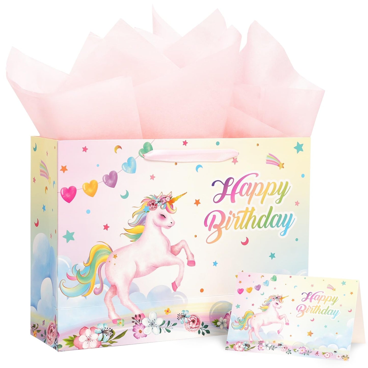WERNNSAI 13" Large Unicorn Gift Bag for Girls Baby Girl Birthday Bag with Tissue Paper and Card for Kids Pink Unicorn Baby Shower Happy Birthday Theme Party