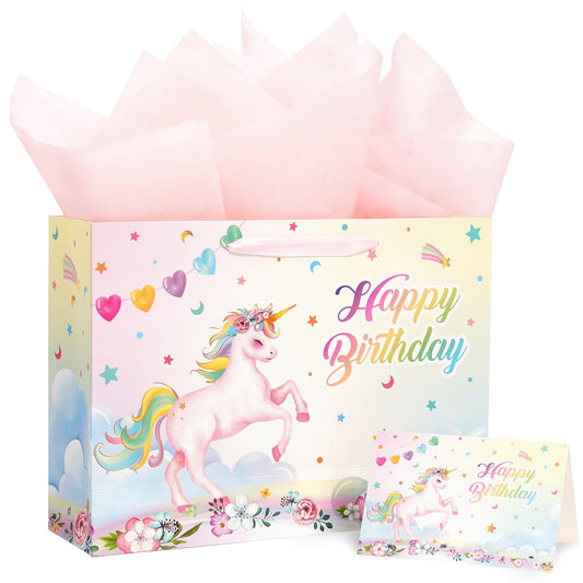 WERNNSAI 13" Large Unicorn Gift Bag for Girls Baby Girl Birthday Bag with Tissue Paper and Card for Kids Pink Unicorn Baby Shower Happy Birthday Theme Party