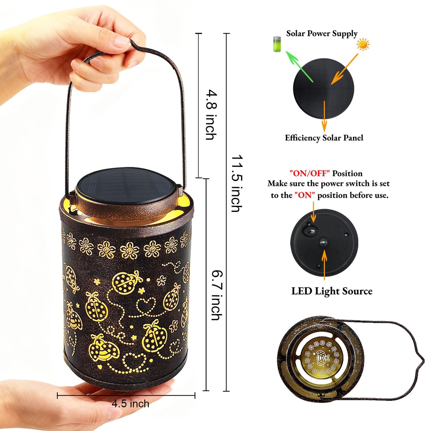 Decorative Solar Lantern Outdoor, Hanging Garden Light with Ladybug Pattern Projection, Waterproof Metal Lantern for Patio Yard Porch, Unique Gift for Women Men Mom Grandma