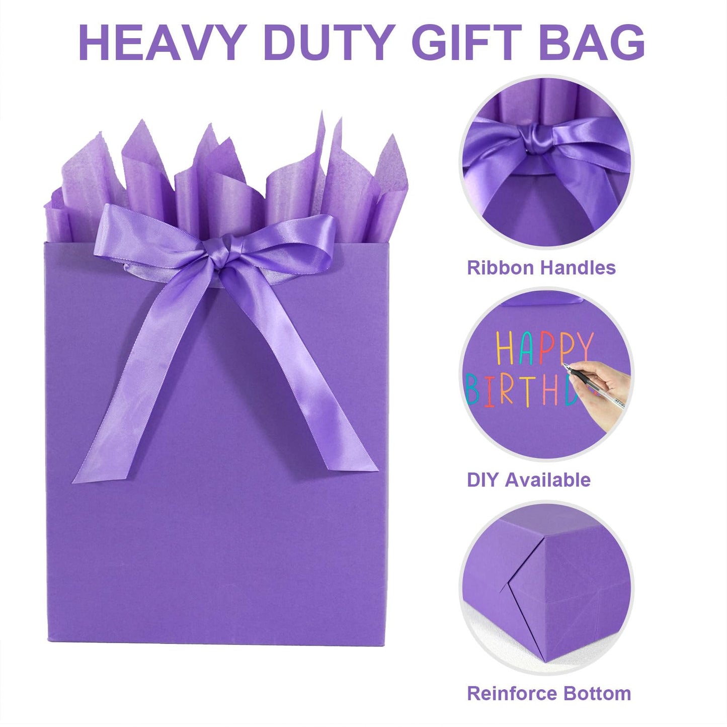 Elegant Purple Gift Bag 10.2"x4.7"x12.2" with Ribbons Handles, Includes Card and Tissue Papers for Weddings, Birthdays, Baby Shower, Parties, Holidays