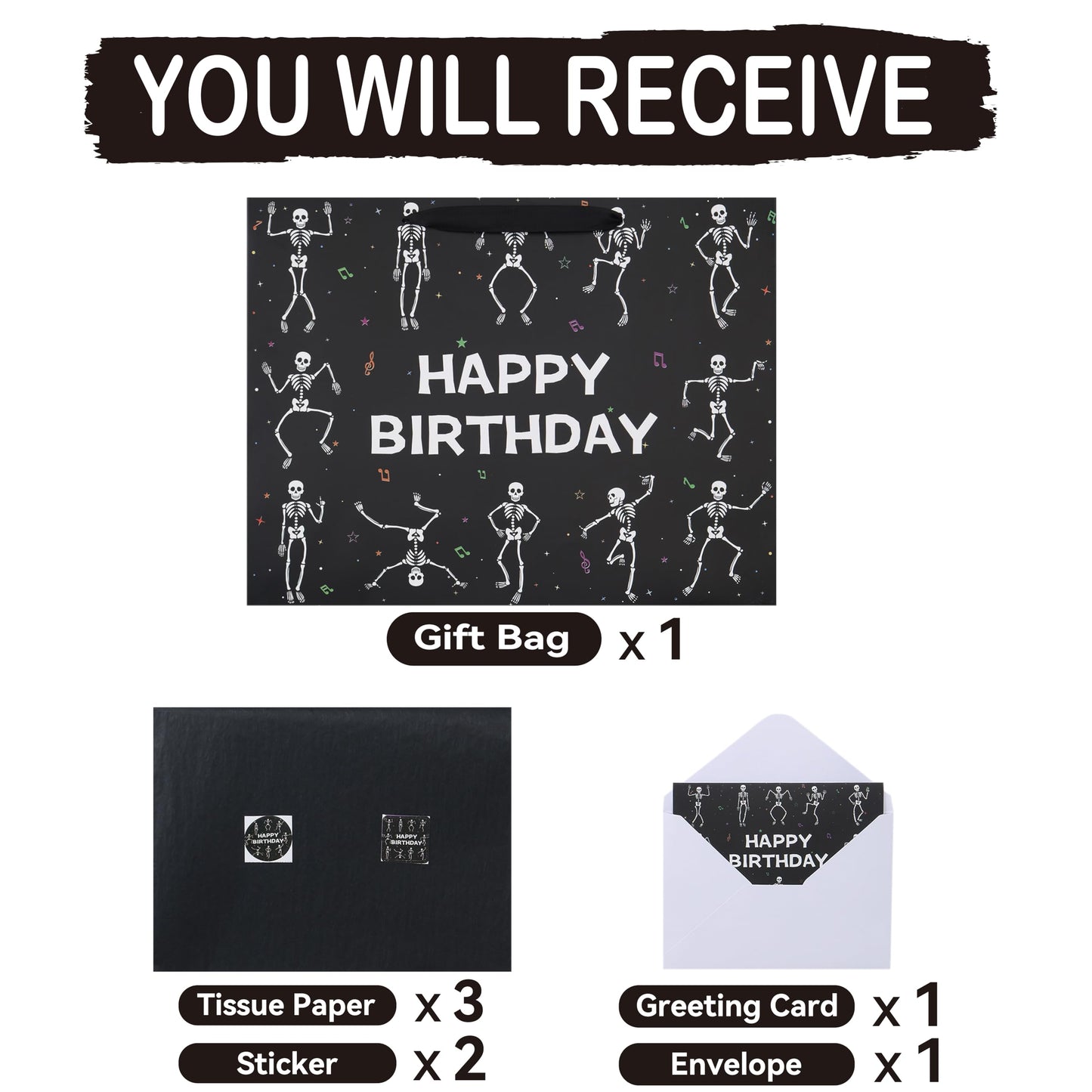wishinside 16.5'' Extra Large Black Birthday Gift Bag Set with Handles, Greeting Card, Tissue Papers and Stickers for Men Boys Kids Teens for Birthday Party, 1 Pcs