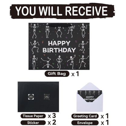 wishinside 16.5'' Extra Large Black Birthday Gift Bag Set with Handles, Greeting Card, Tissue Papers and Stickers for Men Boys Kids Teens for Birthday Party, 1 Pcs