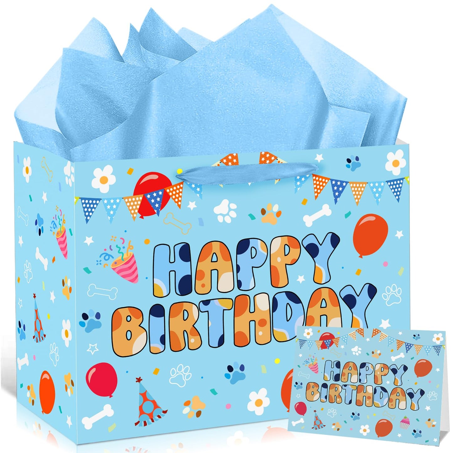 Cartoon Blue Dog Birthday Gift Bag with Wrapping Paper and Greeting Card Cute Blue and Orange Dog Gift Wrap Paper Bags Large Cartoon Birthday Party Favor Bags Decorations for Girls Boys Party Supplies