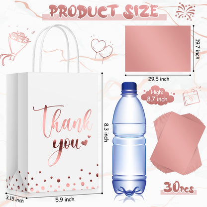 Tinlade 30 Pcs Thank You Gift Bags with Tissue Paper Gold Thank You Wedding Bags with Handle for Graduation Business Shopping Wedding Shower Party Favors(Rose Gold)