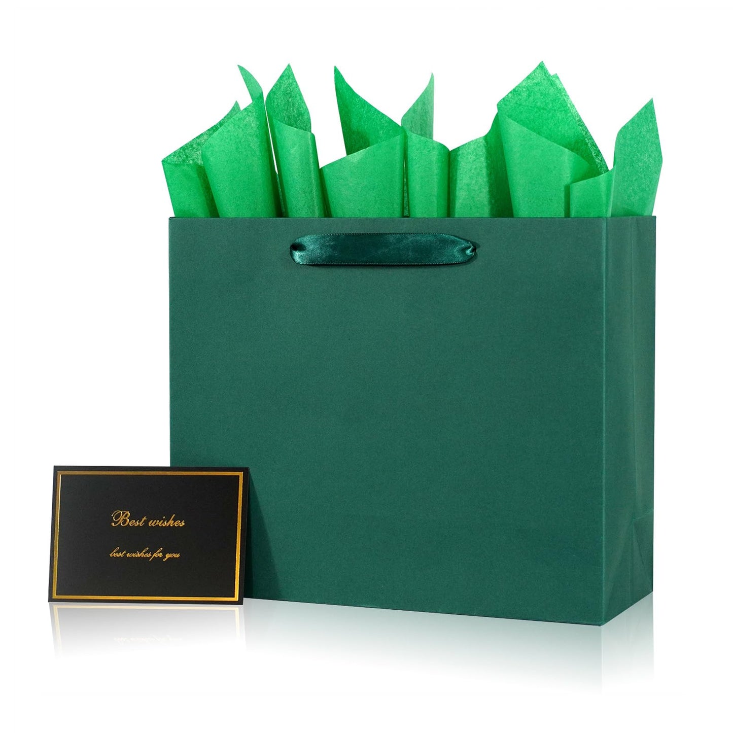 Elegant Green Gift Bag 11.8"x4.5"x9.8" with Ribbon Handles, Includes Card and Tissue Papers, Perfect for Birthdays, Weddings, Parties, Holidays, Baby Shower