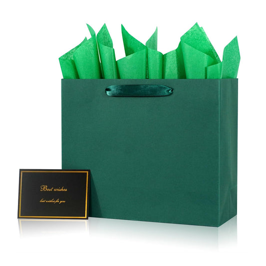 Elegant Green Gift Bag 11.8"x4.5"x9.8" with Ribbon Handles, Includes Card and Tissue Papers, Perfect for Birthdays, Weddings, Parties, Holidays, Baby Shower