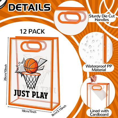 Aliceset 12 Pcs Basketball Clear Goodie Bag with Die Cut Handles and Ribbons Sport Theme Party Favor Bags for Basketball Team Snack Wrapping Teamer Gifts Birthday Party Treats Supplies, 7x10x3.15 Inch