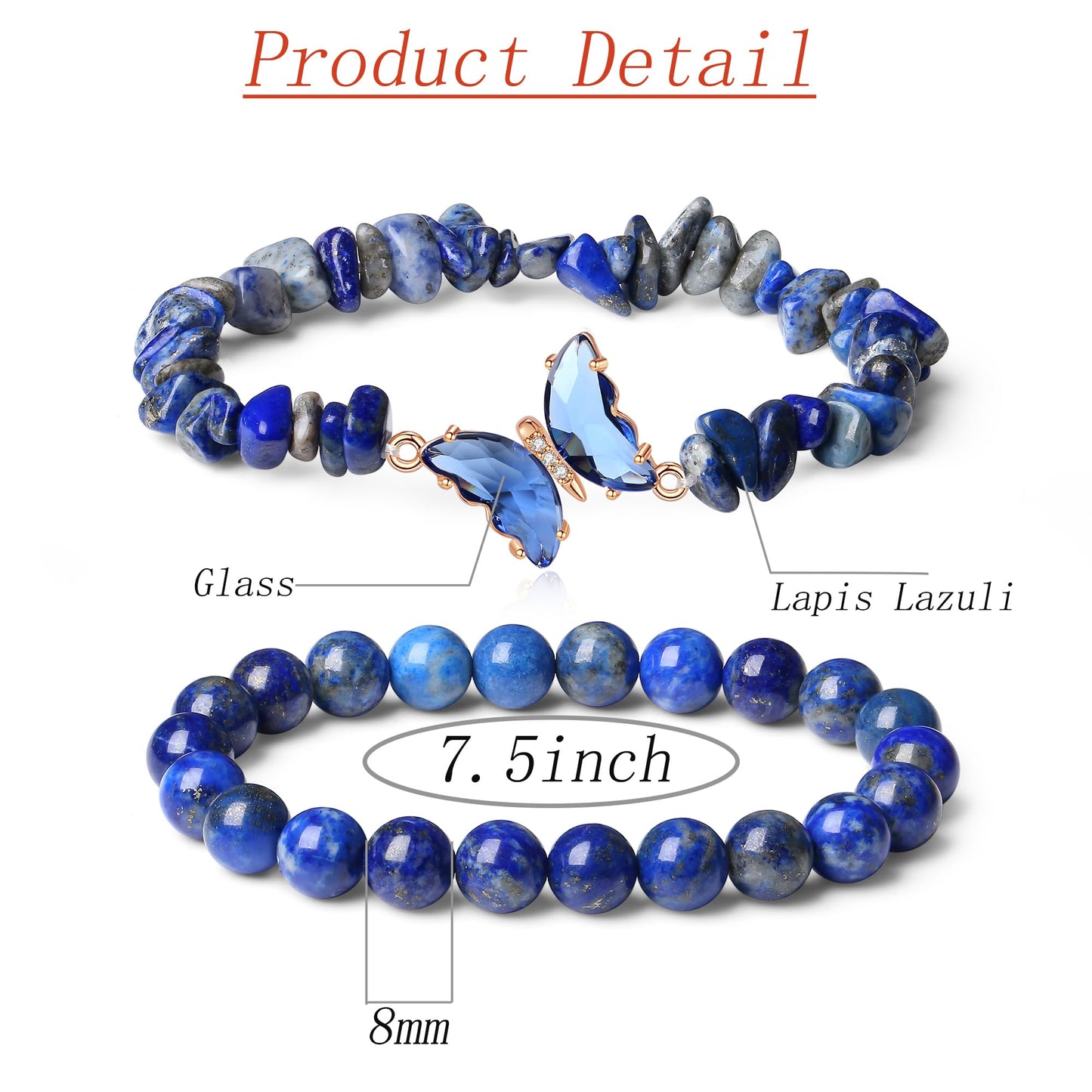 DUQGUHO 2Pcs Butterfly Bracelets for Women Healing Crystals Bracelets for Women Natural Gemstone Bead Bracelet Cute Butterfly Charm Bracelet Stretch 8mm Crystal Jewelry Gifts for Women