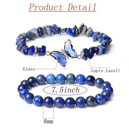 DUQGUHO 2Pcs Butterfly Bracelets for Women Healing Crystals Bracelets for Women Natural Gemstone Bead Bracelet Cute Butterfly Charm Bracelet Stretch 8mm Crystal Jewelry Gifts for Women