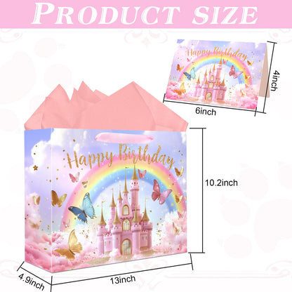 JOARHONAL Princess Castle Gift Bag - 13" Large Happy Birthday Gift Bag with Tissue Paper and Card for Girls Kids Pink Princess Themed Birthday Party Supplies