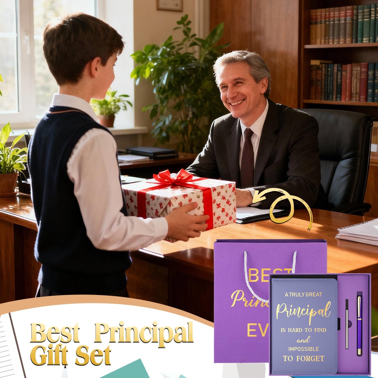 Hungdao 3 Pcs Best Principal Appreciation Gifts for Men Women A5 Leather Journal Principal Notebook with Ballpoint Pen Bags Box for Educator Retirement Birthday Teacher Coworker(Purple)