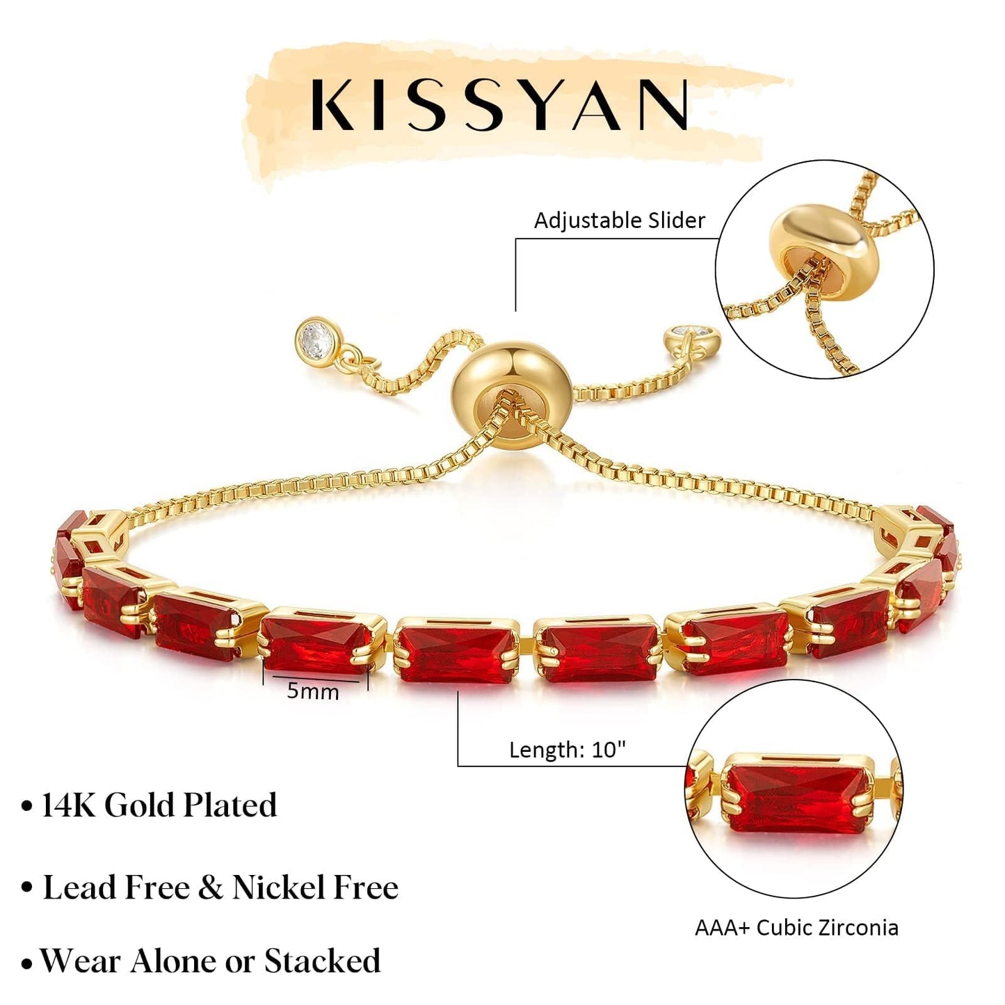KissYan Tennis Bracelet for Women, 14K Gold Plated Cubic Zirconia Adjustable Slider Bracelets Trendy Jewelry Gift
