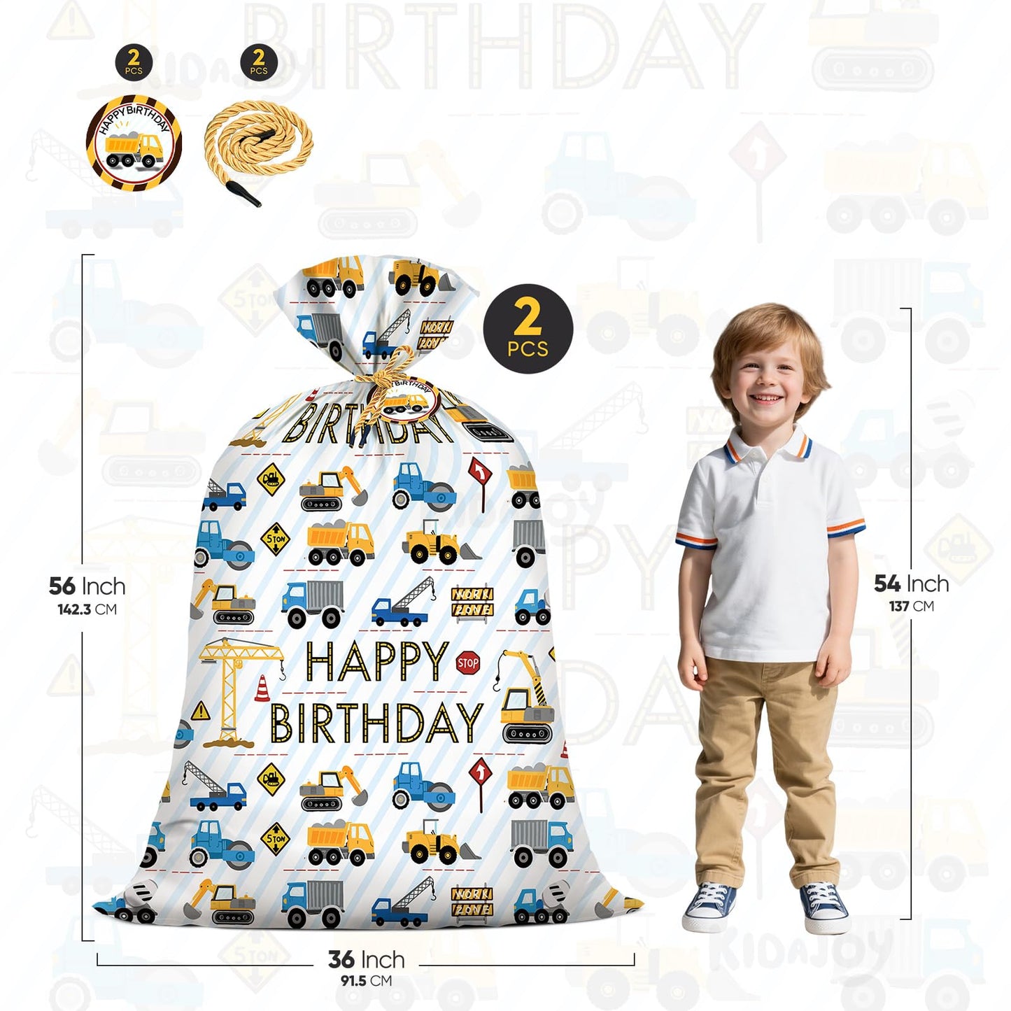 2Pcs Extra Large Construction Birthday Plastic Gift Bag for Boys 36x56 Inch Jumbo Gift Bags Trucks Excavators Cranes Vehicle-Themed Kids Happy Birthday Parties Favors Decorations