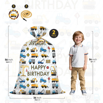 2Pcs Extra Large Construction Birthday Plastic Gift Bag for Boys 36x56 Inch Jumbo Gift Bags Trucks Excavators Cranes Vehicle-Themed Kids Happy Birthday Parties Favors Decorations