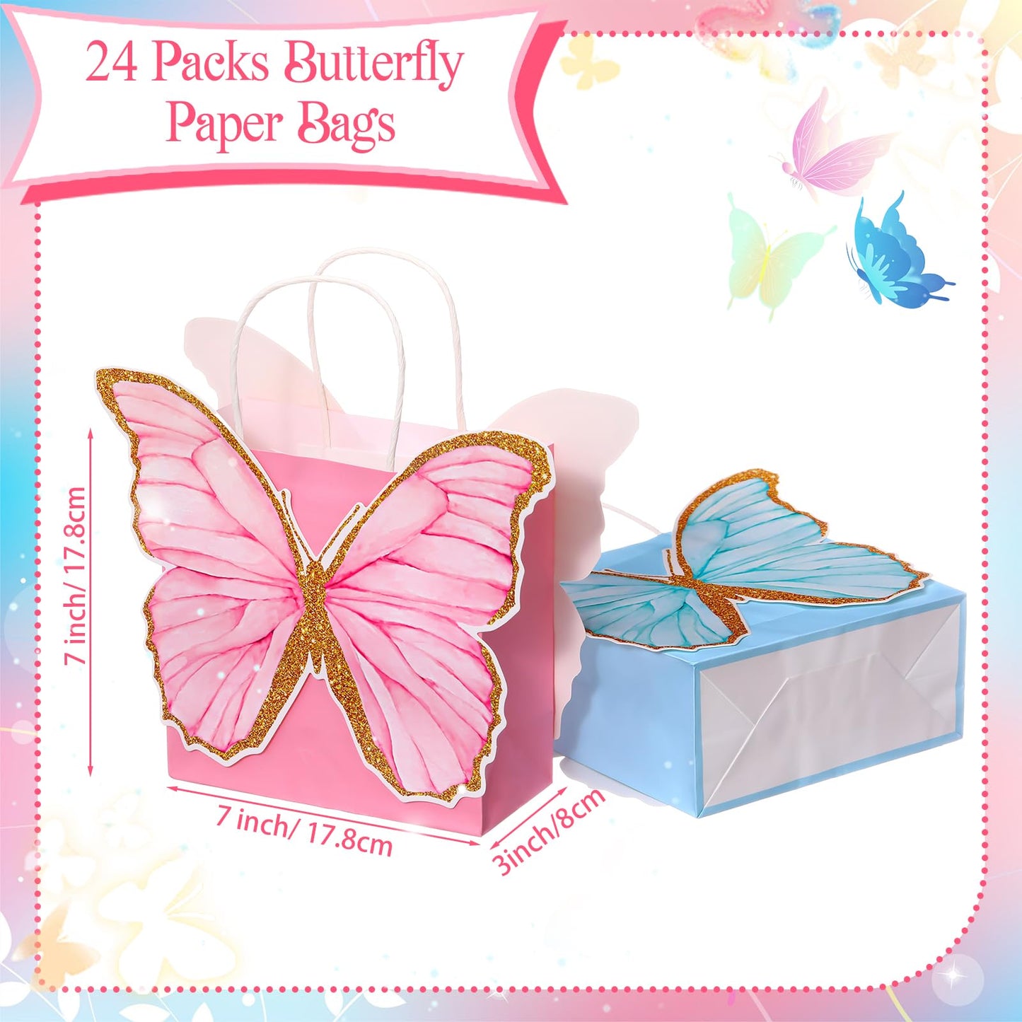 MotiMind 24 Pcs Butterfly Party Favor Bags with Handles Pink Purple Blue Butterfly Goodie Gift Paper Treat Candy Bags for Birthday Party Bridal Showers Supplies (Fresh Colors)