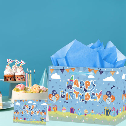 HZRNNA Blue Paw Print Gift Bag, Large Dog Birthday Gift Bag with Tissue Paper and Card, Dog Themed Birthday Decorations for Boys, Newborn, Baby Shower Party Supplies
