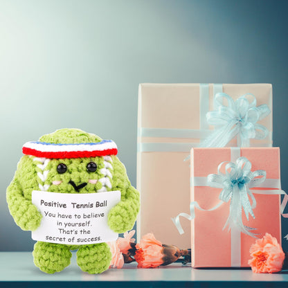 Positive Tennis Ball, Cute Funny Crochet Inspirational Tennis Ball Positive Knitted Animal Doll Crochet Toy with Positive Card for Sports Lover Friends Party Decorations