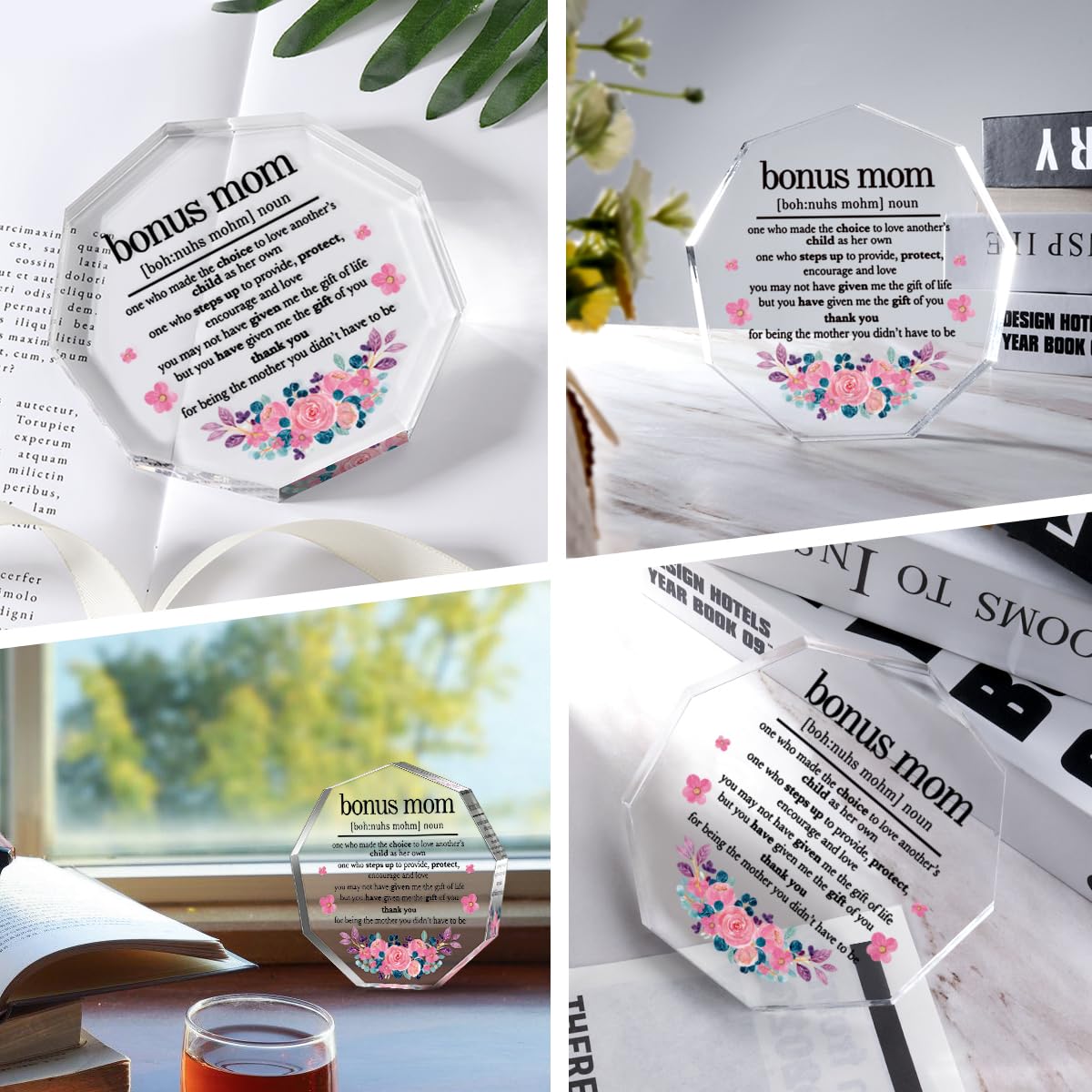Bonus Mom Gifts from Daughter Son Husband Best Mom Ever Gift Mothers Day Birthday Christmas Gifts for Mom Stepmom Stepmother Bonus Mom Definition Acrylic Decorative Signs Plaques