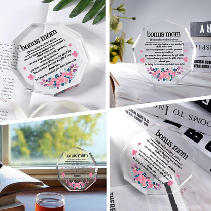Bonus Mom Gifts from Daughter Son Husband Best Mom Ever Gift Mothers Day Birthday Christmas Gifts for Mom Stepmom Stepmother Bonus Mom Definition Acrylic Decorative Signs Plaques