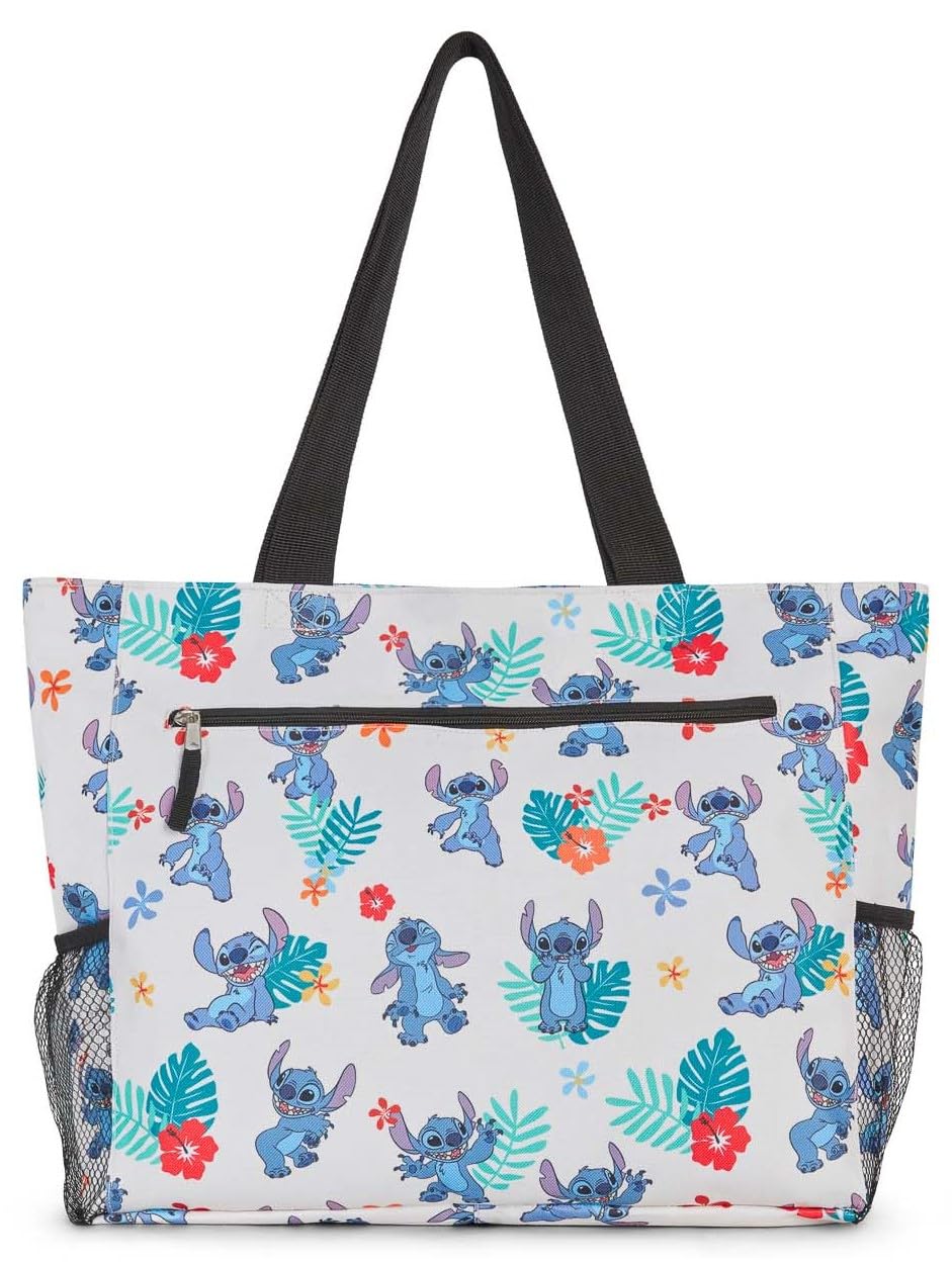 Disney Stitch Women Zip Tote Shoulder Bag Beach Travel Mesh Side Pockets (Stitch White)