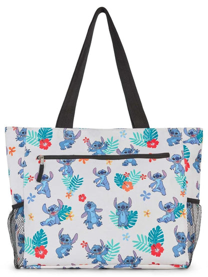Disney Stitch Women Zip Tote Shoulder Bag Beach Travel Mesh Side Pockets (Stitch White)