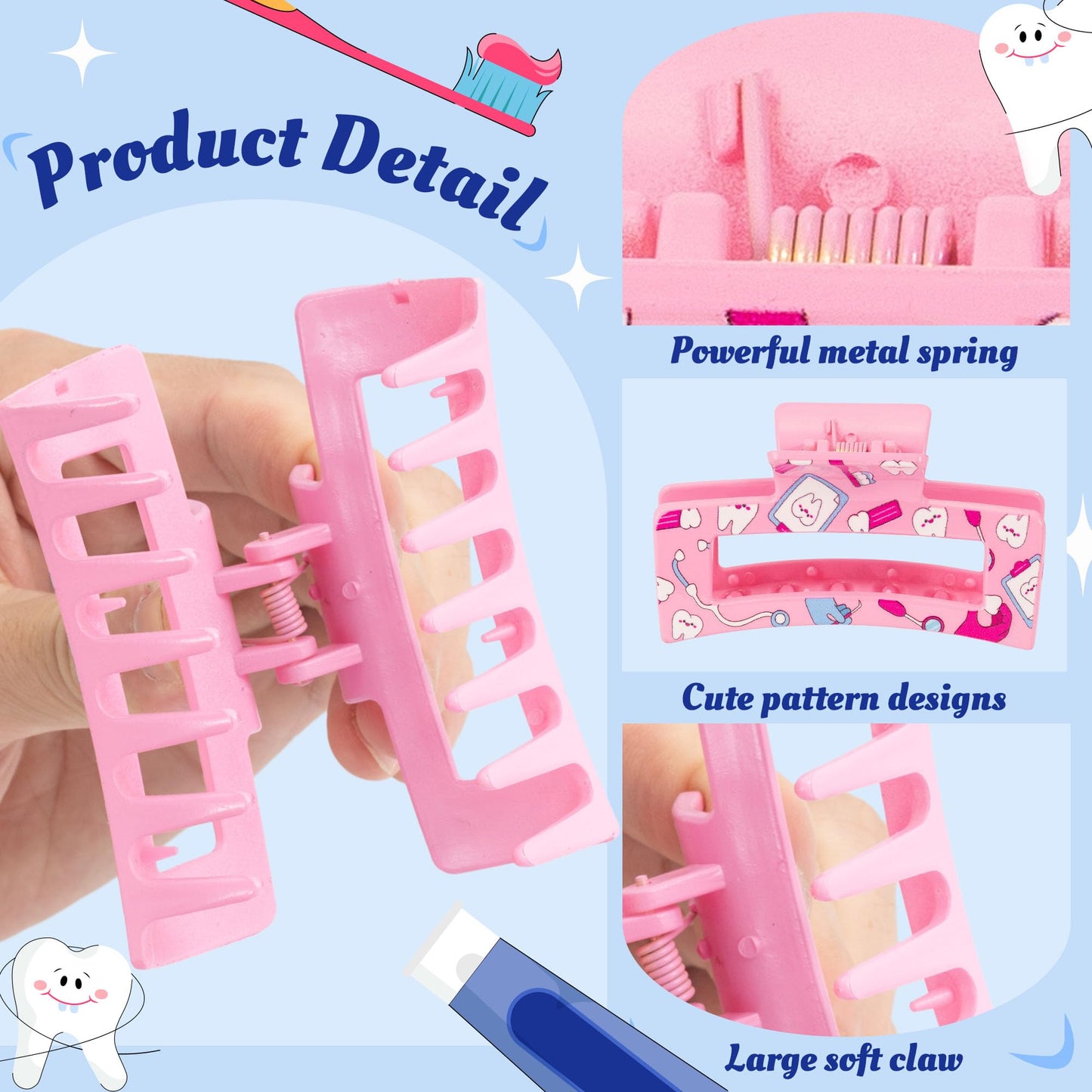 PANTIDE 4Pcs Dental Hair Claw Clips for Women Girls - Dental Hygienist Assistant Gift Teeth Rectangle Nonslip Banana Hair Clips, Thin Thick Short Long Curly Hair Accessories, Dentist Graduation Gift