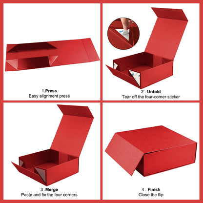 LumyHavver Gift Box 9.65x9.65x3.6 Inches, Red with Magnetic Lid, Collapsible with Ribbon, Raffia Grass, Card, for Birthdays, Christmas, or Parties, Gift Packaging