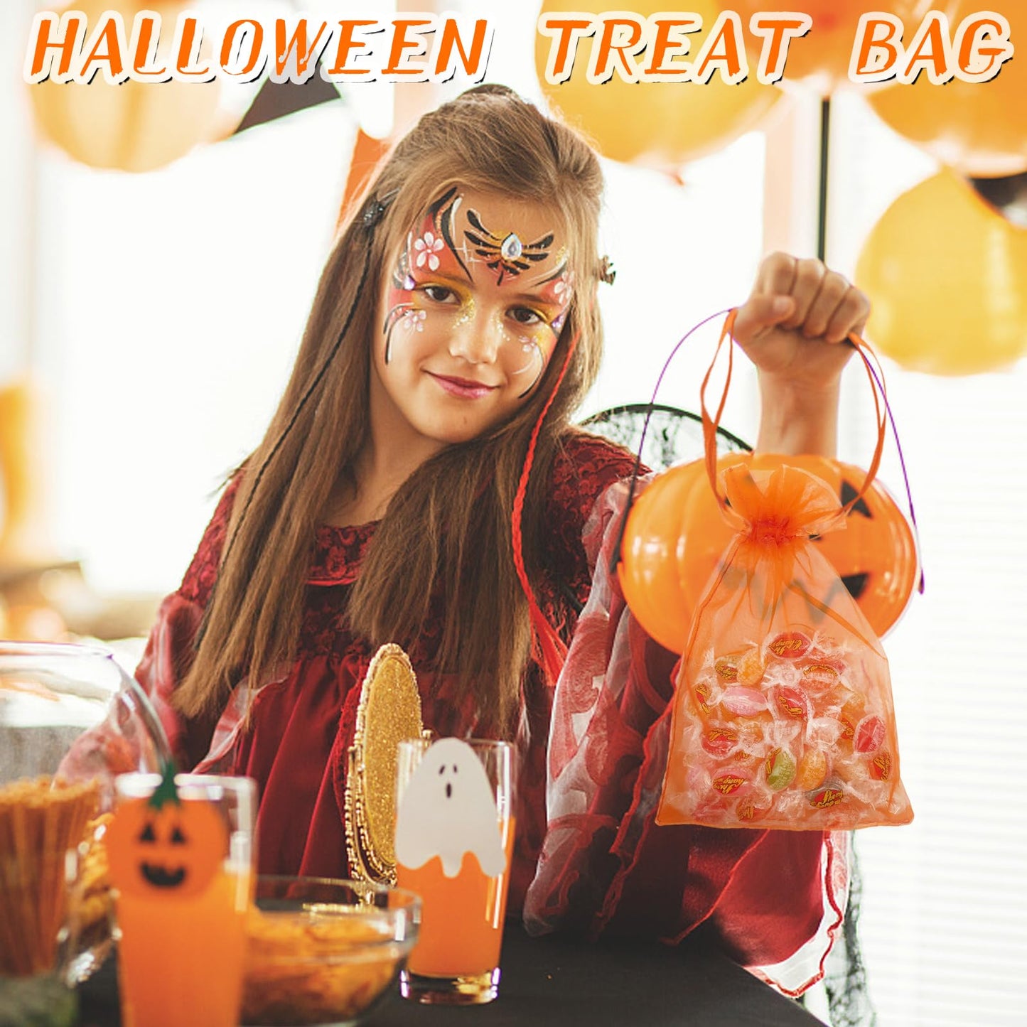 Jexila 100PCS Orange Organza Bags 5X7 inches Easter Drawstring Goodie Candy Treat Bags for Kids Halloween Birthday Party Favor Orange Mesh Gift Bags